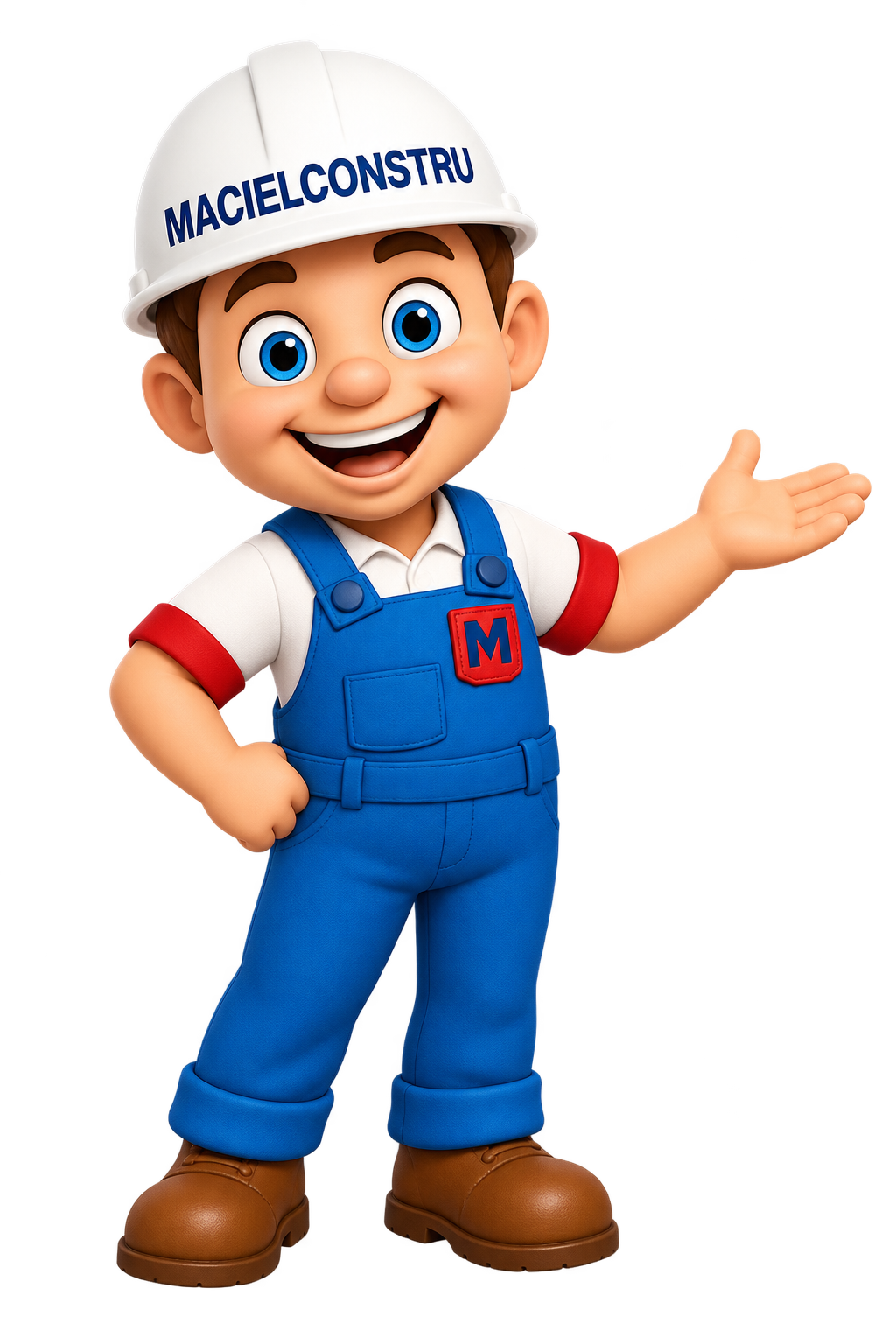Mascote Macielconstru convidando o cliente para conhecer a loja